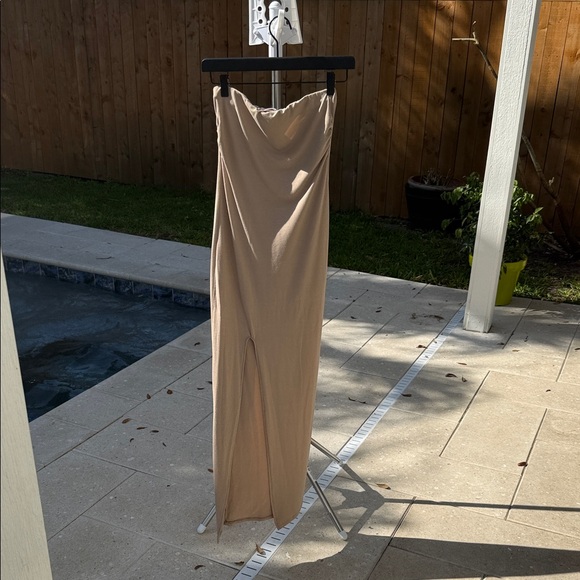 Neutral Tan Strapless Maxi Dress with Side Slit - Picture 3 of 6